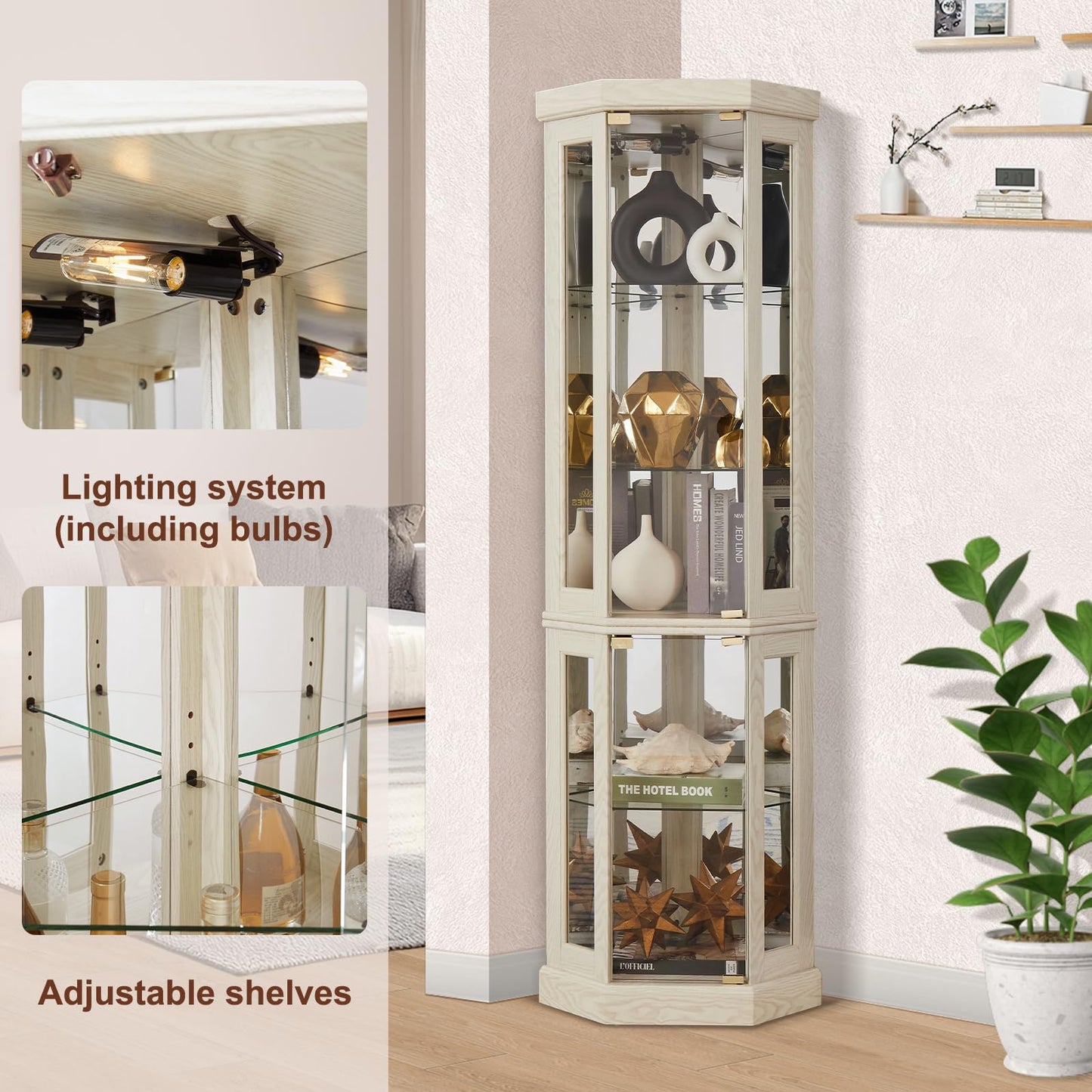 XUWANSHANG Corner Curio Cabinets,Lighted 3-Side Glass Display Curio Cabinet, Curved Wood Corner Cabinet,Curio Cabinets with Glass Doors,Adjustable Shelves,Curio Cabinet for Living Room,Antique White