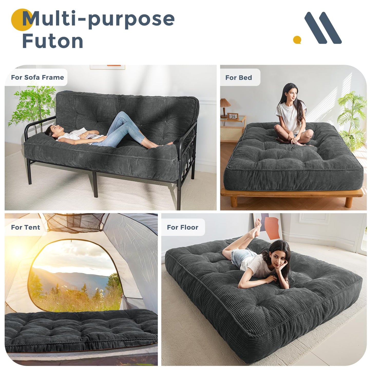 MAXYOYO 8" Futon Mattress Full Size, Ultra Thick Futons Sofa Couch Bed Tufted Sleeper Sofa Bed, Corded Fabric Floor Mattress for Adults, Shredded Foam Filling (Frame Not Included), Dark Grey