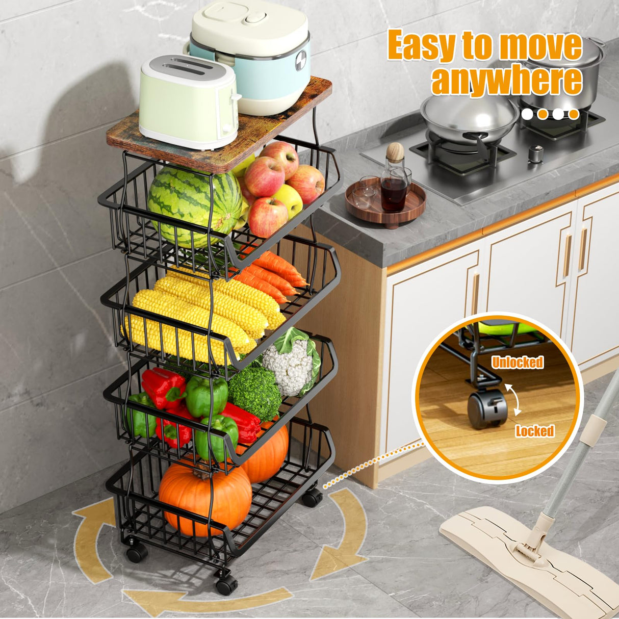 Gsiekare Fruit Vegetable Basket for Kitchen, 5 Tier Stackable Fruit Vegetable Storage Baskets with Wheels, Metal Wire Storage Basket Organizer Baskets for Kitchen, Pantry, Bathroom Gsiekare