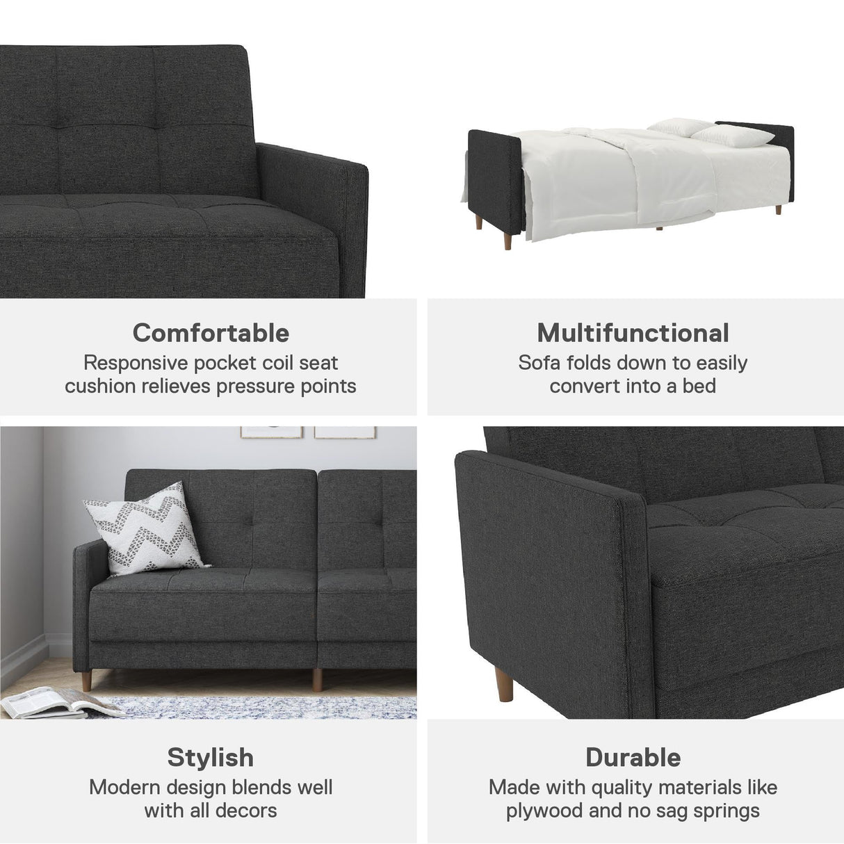 DHP Andora 76 Inch Futon Sofa Bed, Modern Upholstered Couch Sleeper with Button Tufted Back and Seat, Grey DHP