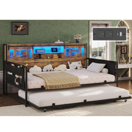 Dnxao Daybed with Pop Up Trundle,Farmhouse Twin to King Daybed with 2-Tier Storage,LED Lights and Charging Station,2 Storage Pockets,Twin Bed Frame for Living Room,Bedroom,Rustic Brown Dnxao