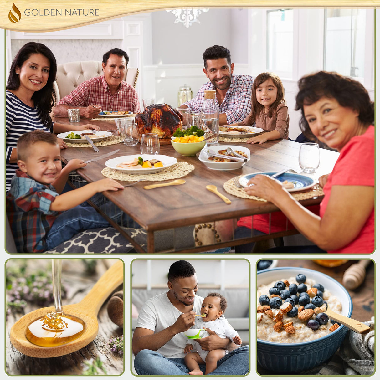 Golden Nature Bamboo Spoon Set (5 Pc), Small Kitchen Teaspoons, Tiny Wooden Spoons Perfect for Sugar, Spices, Seasoning, Coffee, Jam, Herbs, Honey & Dessert Golden Nature