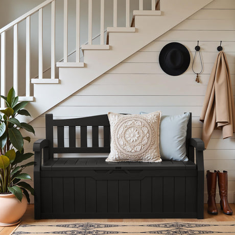 Greesum 80 Gallon Outdoor Storage Bench, Resin Patio Furniture with Armrest,Waterproof and UV-Resistant, Perfect to Garden, Poolside and Lawn, Dark Black Greesum