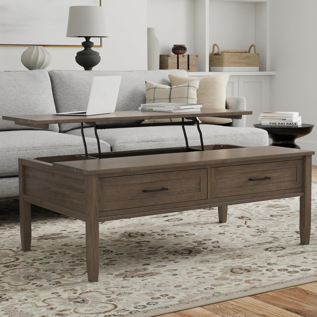 SIMPLIHOME Ela Solid Wood 48 Inch Wide Rectangle Transitional Lift Top Coffee Table in Smoky Brown, for The Living Room and Family Room SIMPLIHOME