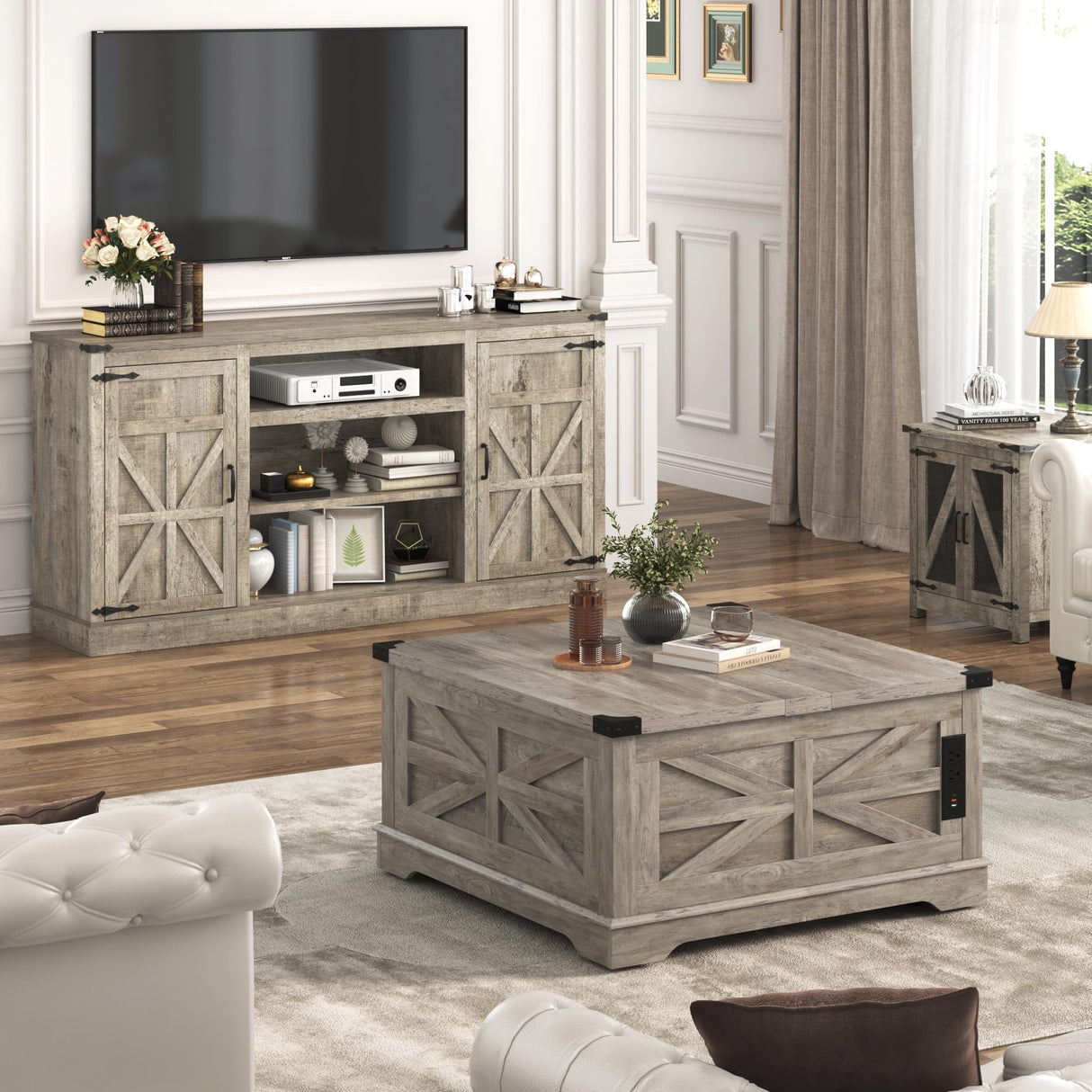 Hlivelood 66" Farmhouse TV Stand with Power Outlets for 75 Inch TVs, 33" Tall Entertainment Center with Storage Cabinets w/Adjustable Shelves, Rustic Large TV Media Console, Light Rustic Oak Hlivelood