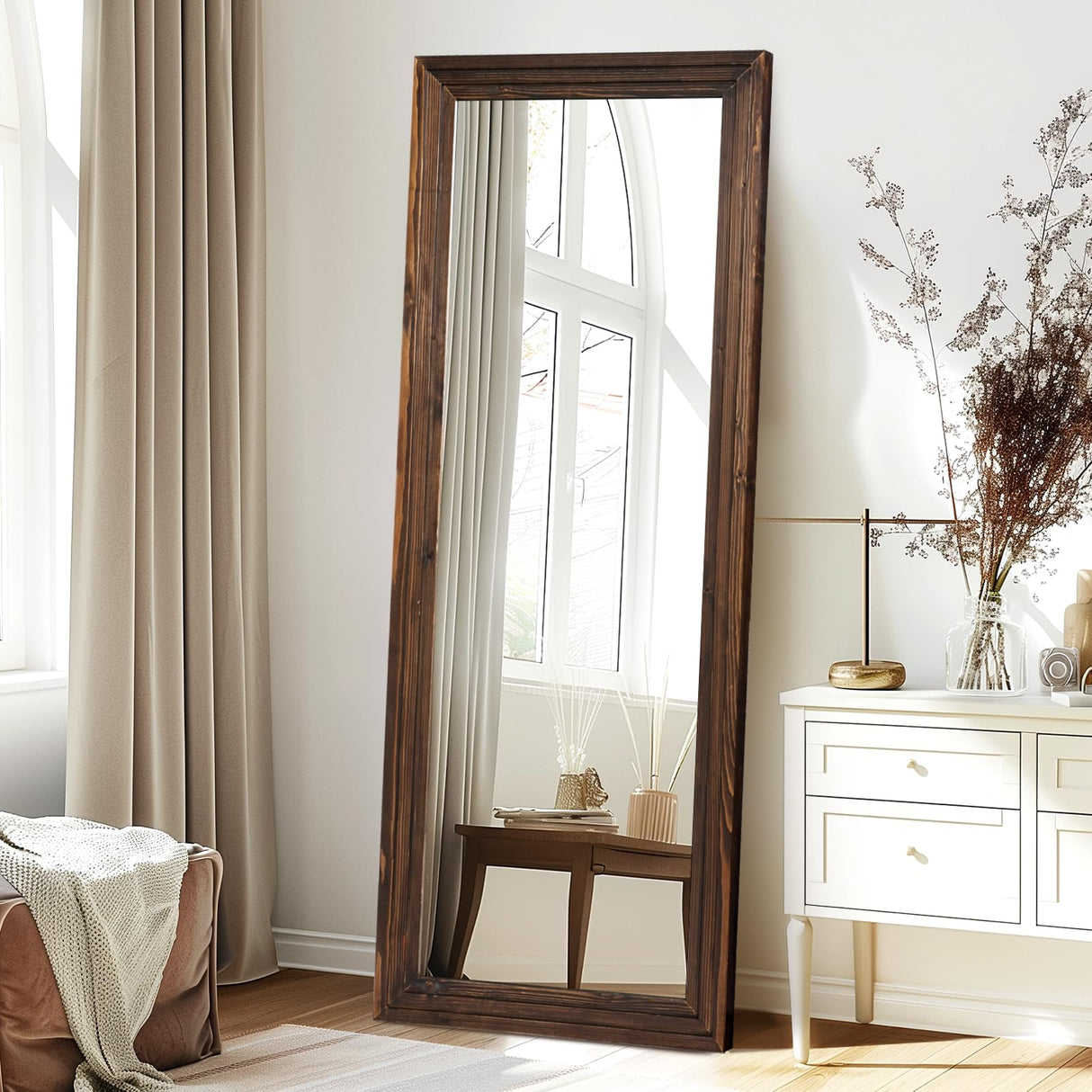 YLYHSST 65"x24" Full Length Mirror Solid Wood Frame Arched Floor Mirror for Living Room, Bedroom Hanging or Leaning, Brown YLYHSST