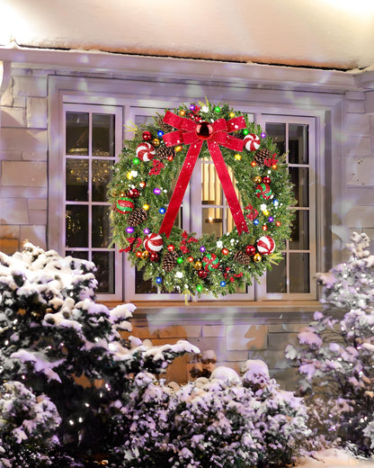 DDHS 48in Christmas Wreath, Pre-Lit Christmas Wreath with 200 LED Lights, 11 Light Modes, Red Bow, Ornament Balls, Large Artificial Christmas Wreaths for Mantel Front Door Outdoor