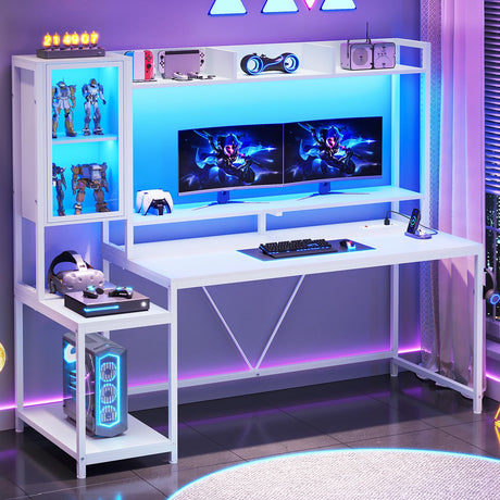SEDETA White Gaming Desk, 60'' Gaming Desk with Hutch and LED Lights, Computer Desk with Storage Shelves, Large PC Gamer Desk with Display Cabinet, Monitor Stand, Power Outlet for Home Office SEDETA