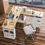 MOUMON L Shaped Standing Desk with Drawers and Shelves, Executive Desk Adjustable Height Desk, L-Shaped Design, 63 inch Tabletop, for Office Bedroom Oak and White (63”W x 63”D x 28.5-45.3”H) MOUMON