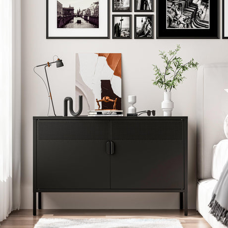 Washsemba 2 Door Storage Sideboard, Metal Storage Cabinet with 2 Adjustable Shelf,Multipurpose Metal Accent Cabinet for Office Home,Music Studio (Black, 25''H) Washsemba