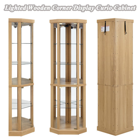 XZTUAJ 69" H Lighted Curio Cabinet - Corner Display Case with Adjustable Shelves and Tempered Glass, Wooden Cabinet with Mirrored Back Pane for Living Room (Light Oak) XZTUAJ