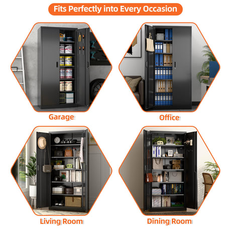 Aobabo 71" H×32" W×16" D Metal Storage Cabinet with 5 Adjustable Shelves, Locking Garage Storage Cabinet with Pegboards and 4 Hooks for Garage, Office, Black, Assembly Required Aobabo