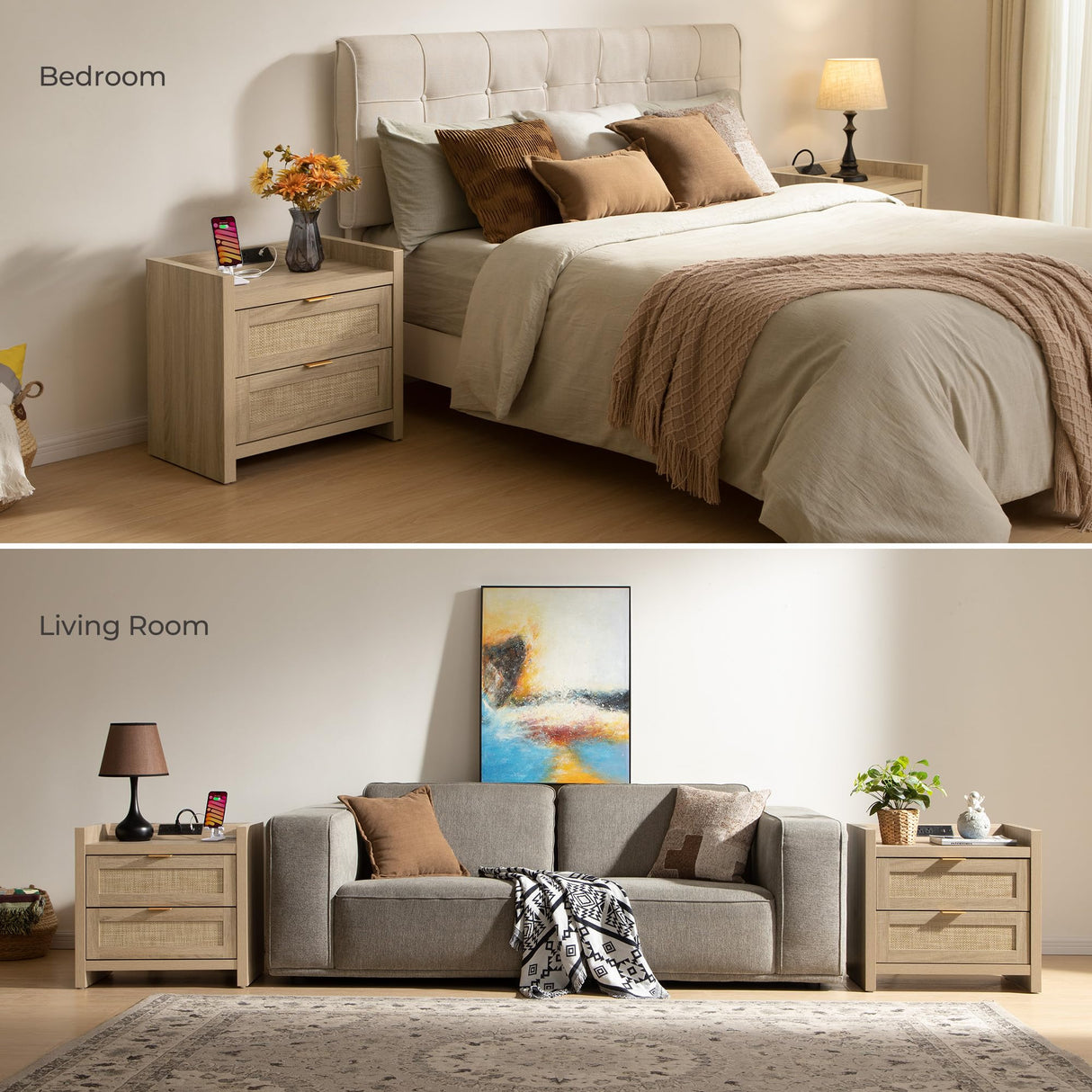 SICOTAS Rattan Nightstand Bedside Table : Wood Night Stand with Type-C Charging Station, 2 Drawers Storage - Boho Night Stands End Table for Bedroom - Light Oak SICOTAS