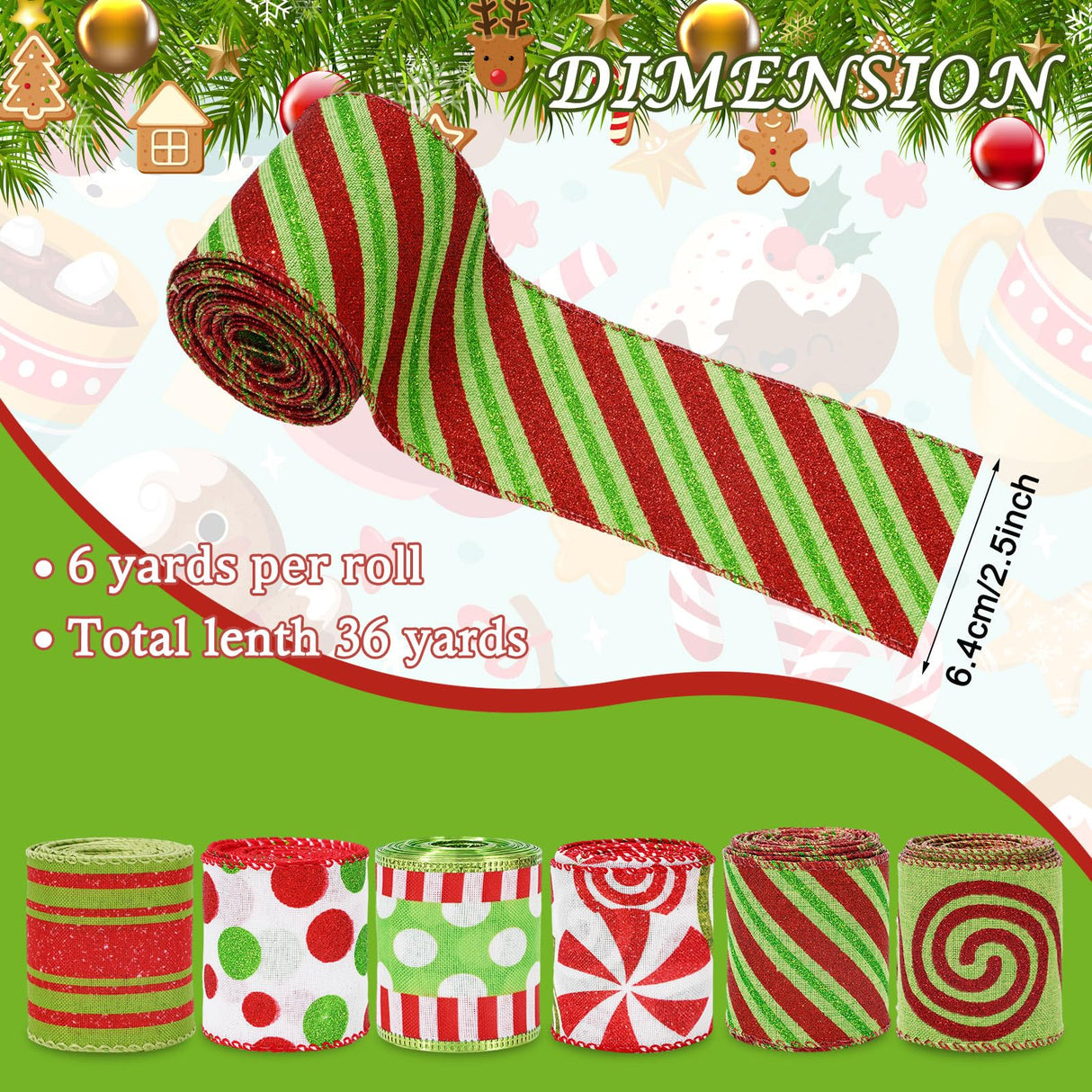 Whaline Christmas Ribbons 36 Yards Dot Stripe Candy Wired Edge Ribbon Red Green Fabric Craft Ribbon for Xmas Wreath Bow Making DIY Crafts Wrapping Supplies, 6 Rolls Whaline