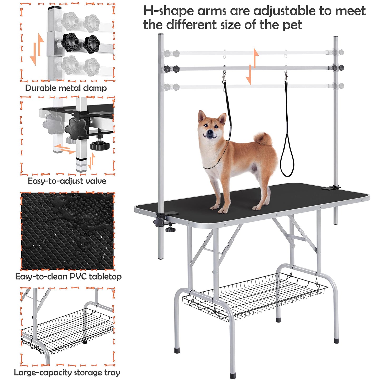 Yaheetech 46'' Pet Grooming Table for Large Dogs Adjustable Height Portable Trimming Table Drying Table w/Arm/Noose/Mesh Tray Maximum Capacity Up to 265Lb, Black - WoodArtSupply