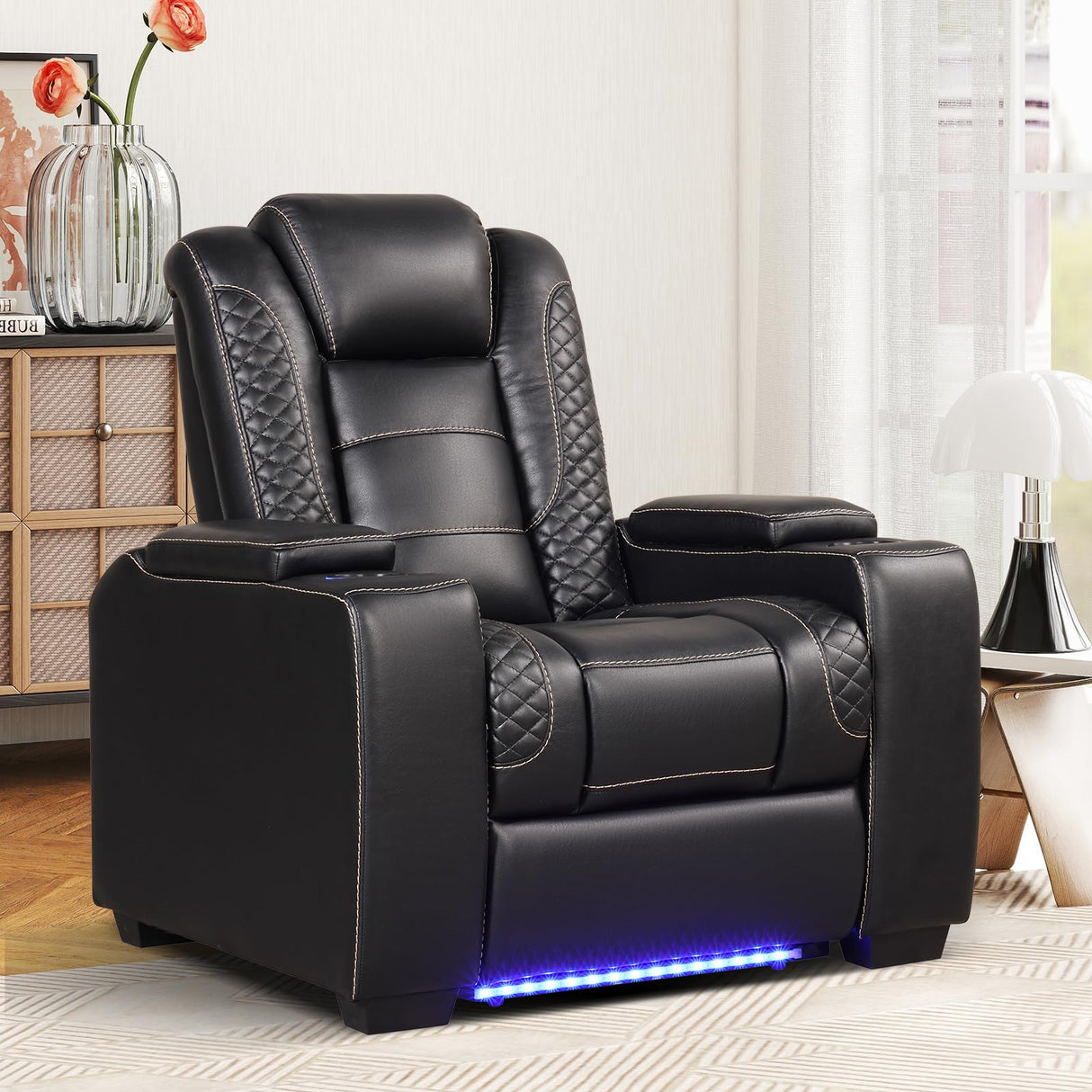 ANJ Power Recliner Home Theater Seating, Electric Recliner Chair with Adjustable Headrest,PU Leather Dual Motor Movie Reclining Chairs with Cup Holders LED Lights,USB Port,Hidden Arm Storage (Black) ANJ