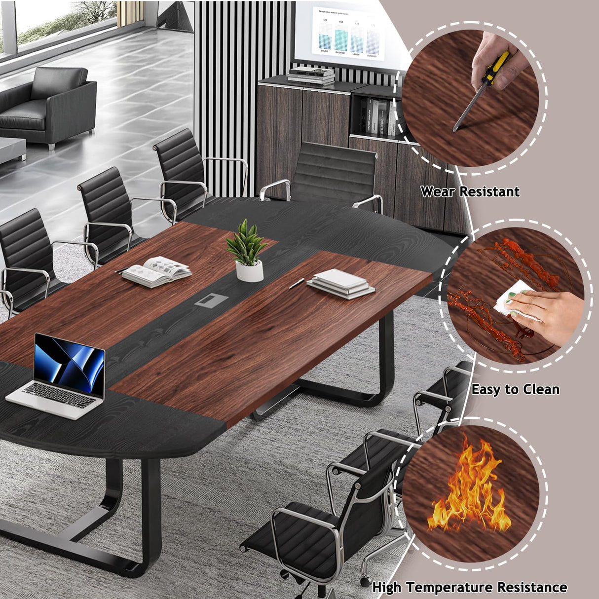 8FT Conference Table, 94.5" D x 47.3" W x 29.5" H Boat Shaped Meeting Table with Rectangle Grommet, Modern Seminar Boardroom Table for Office Conference Room (8ft, Walnut & Black) MaverickFurni