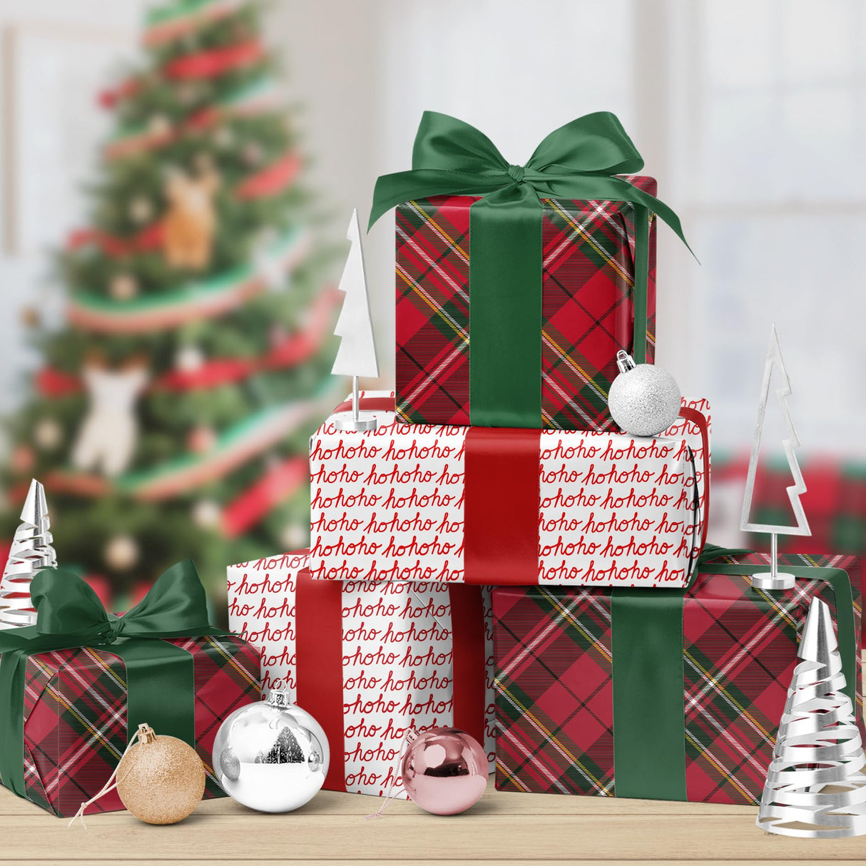 BIOBROWN Reversible Christmas Wrapping Paper - 17 Inch X 33 Feet (46.7 sq. ft. ttl.) - Red Tartan Plaid and HOHO Design Perfect for Xmas, Party, Holiday Gift Wrap BIOBROWN
