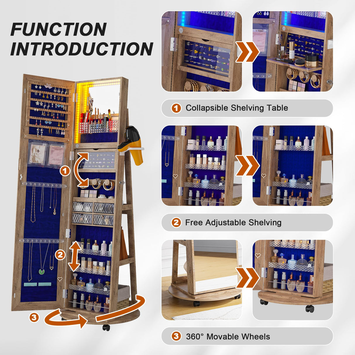 HNEBC 360° Swivel Jewelry Armoire with Mirror, LED Mirror Jewelry Cabinet Standing, Full Length Mirror with Jewelry Storage, Standing Jewelry Organizer/Lockable Wheels/Foldable Makeup Shelf (Wood) HNEBC