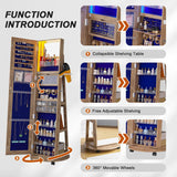 HNEBC 360° Swivel Jewelry Armoire with Mirror, LED Mirror Jewelry Cabinet Standing, Full Length Mirror with Jewelry Storage, Standing Jewelry Organizer/Lockable Wheels/Foldable Makeup Shelf (Wood) HNEBC