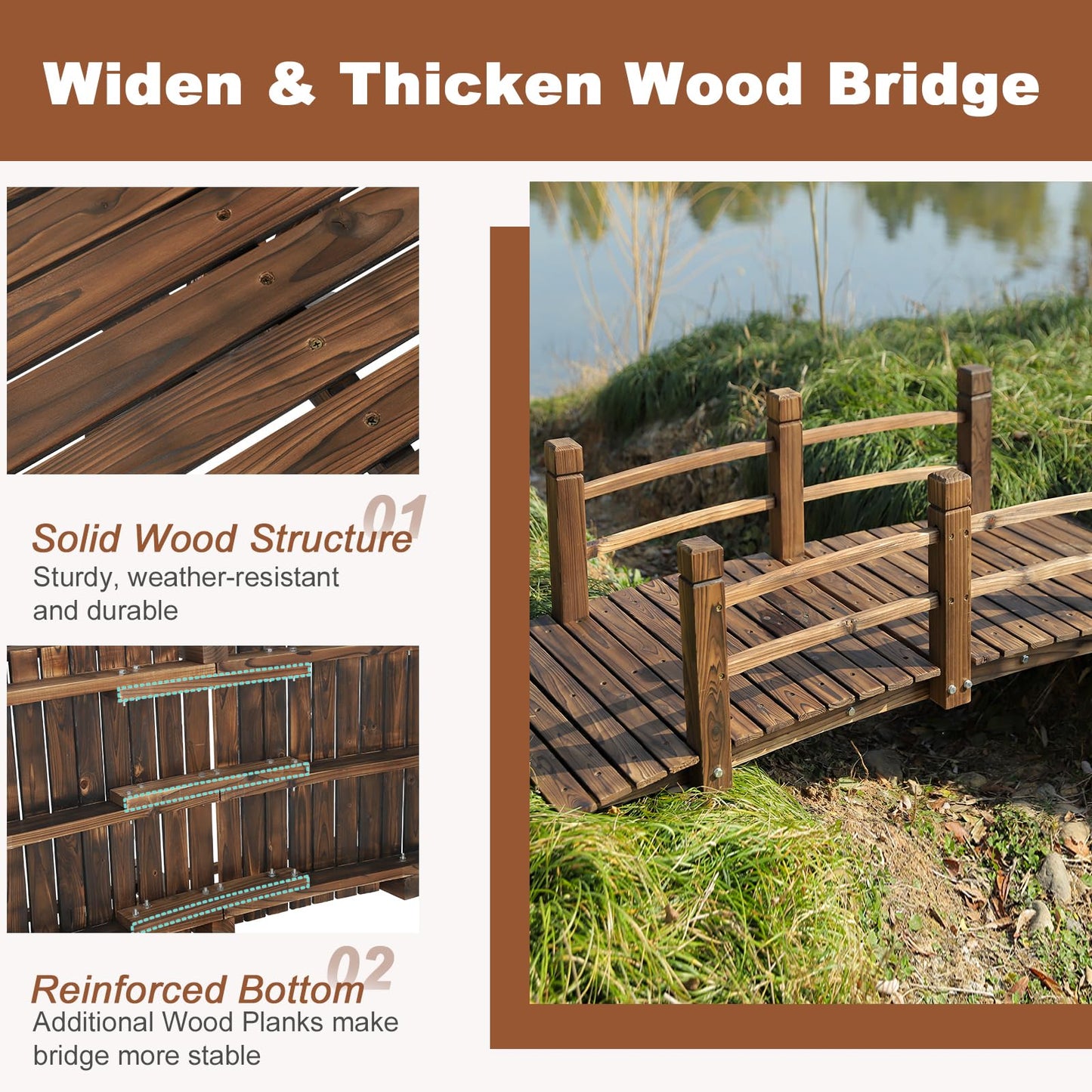 HOMEDIARY Fir Wood Garden Bridge, Outdoor Stained Finish Arc Footbridge Walkway with Double Safety Railings, Decorative Pond Bridge Landscaping for Backyard Farm Garden Creek Pond Decor, Carb - WoodArtSupply