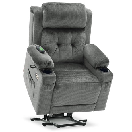 MCombo Medium Dual Motor Power Lift Recliner Chair with Massage and Heat for Elderly People, Adjustable Headrest, Infinite Position, USB Ports, Fabric 7661 (Grey, Medium) MCombo