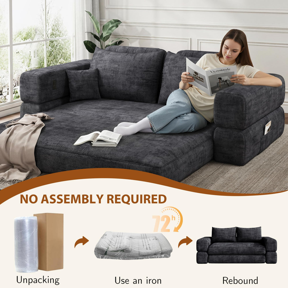 Jocoevol 75'' Queen Folding Convertible Sofa Bed with Large Pillow, 4-in-1 Floor Foldable Futon Sofa Bed, Chenille Boneless Mattress Couch, Floor Sleeper Sofa Chair Bed for Living Room/Bedroom, Black Jocoevol