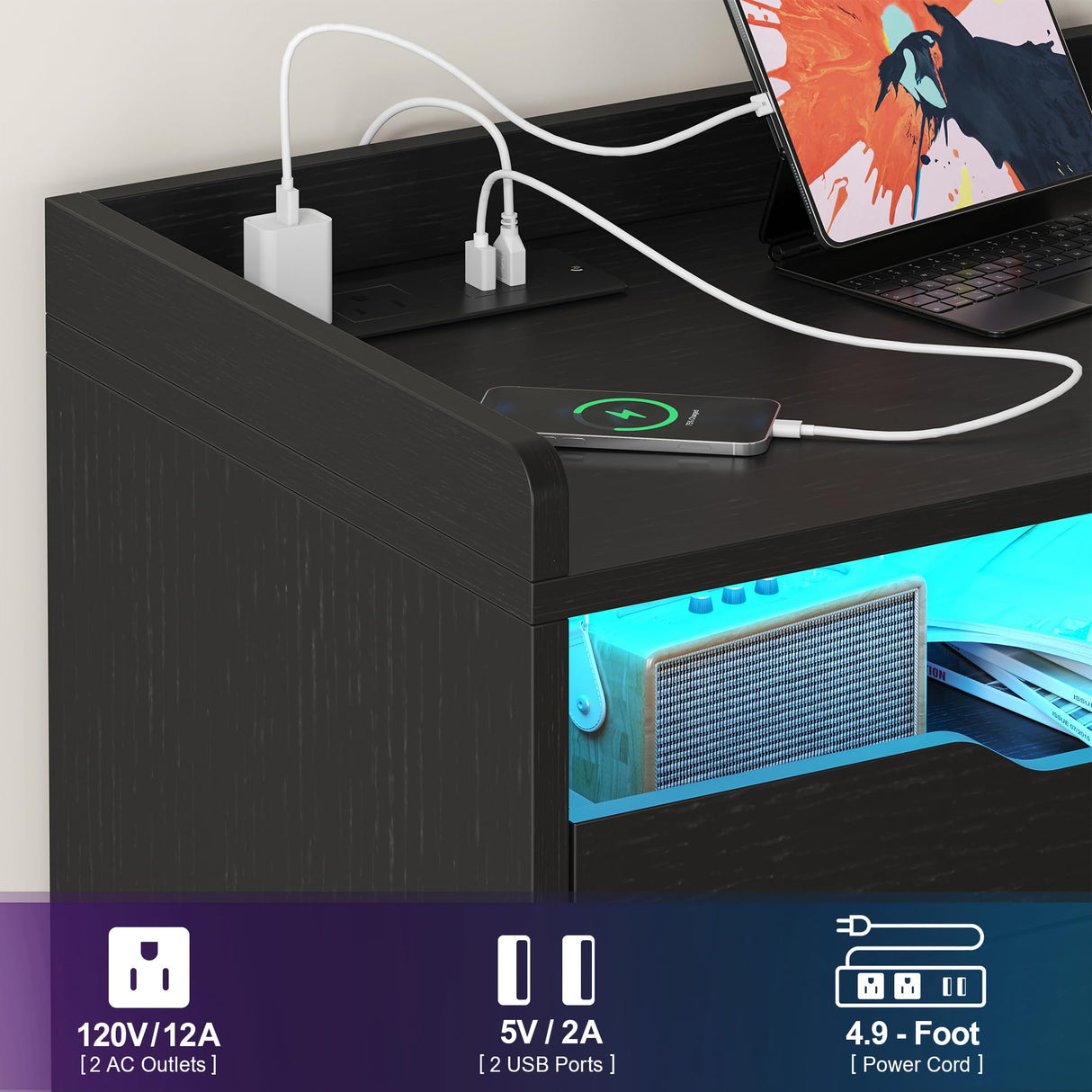 OTUTUMUS 6 Drawer Dresser for Bedroom with Charging Station & LED Light, 47.2" Black 6 Drawer Dresser with 2 Pull-Out Tray, Wood Dresser Organizer for Living Room/Closet/Hallway OTUTUMUS