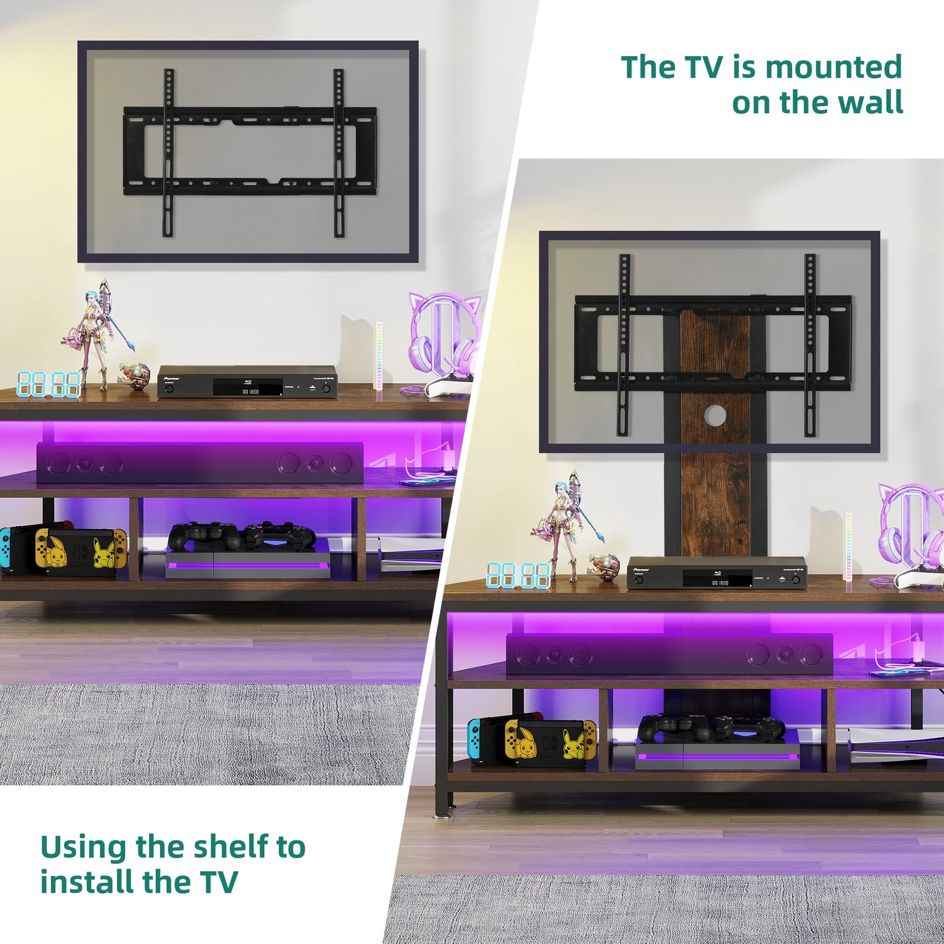 YITAHOME LED TV Stand with Mount and Power Outlet, TV Stand Mount for 32/45/55/60/65/70 inch TVs w/Height Adjustable Mount, Entertainment Center Corner Media Console for Living Room, Rustic B - WoodArtSupply