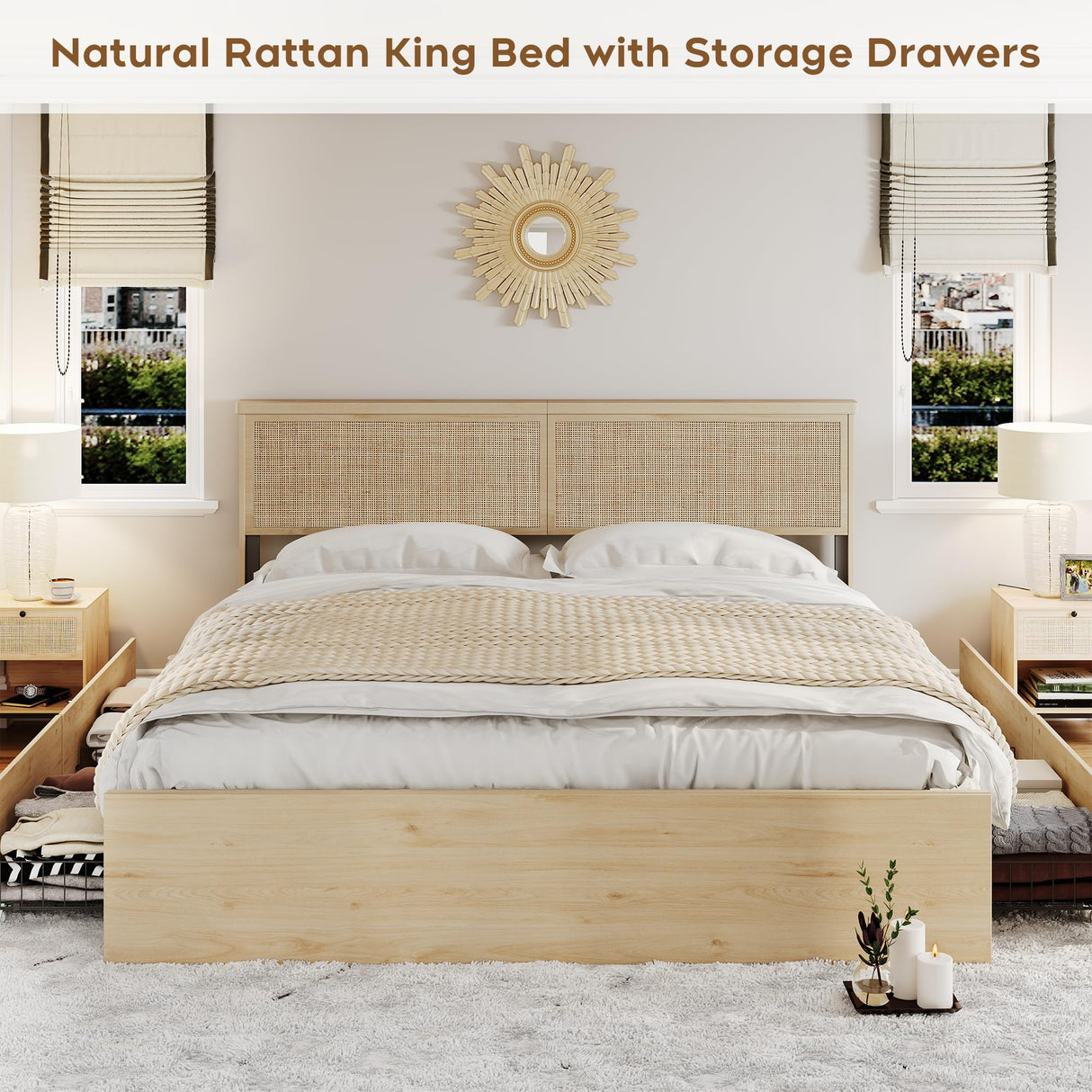 Brafab Natural Rattan King Size Bed Frame with Wooden Headboard and 4 Storage Drawers, Boho Natural Wood Bedframe Cane Oak Metal Platform Beds with Strong Wooden Slat, Noise Free, No Box Spring Needed Brafab