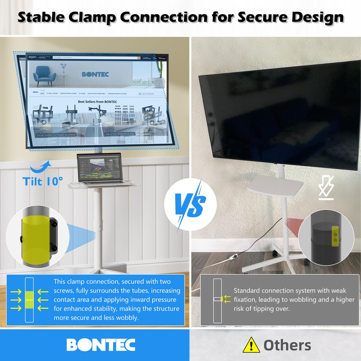 BONTEC Mobile TV Stand, Tilt Rolling TV Cart with Media Shelf and Locking Wheels, Fits 23-60” LED, LCD, OLED Flat Curved TVs, Holds Up to 88lbs, Max VESA 400x400mm, White BONTEC