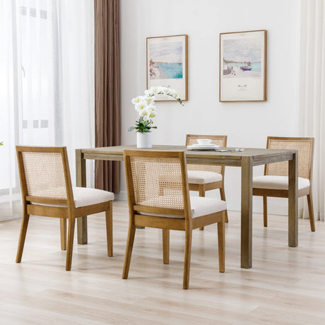BESTANO Rattan Dining Chairs Set of 4 Natural Wooden Dining Room Chairs Rectangle Cane Country Kitchen Chairs Linen Upholstered Dining Chairs, Cream BESTANO