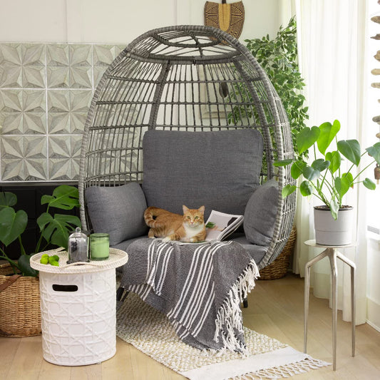 Barton Oversized Egg Style Wicker Chair Canopy Stationary & Seat Cushions Patio Lounge Basket, Grey