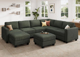 HONBAY Corduroy Sectional Couch with Storage U Shaped Sectional Sofa Modular Sectional Couches for Living Room, Green HONBAY