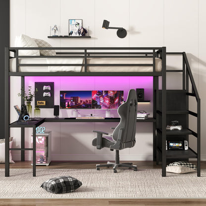 SOFTSEA Queen Size Loft Bed with Desk & Storage Stairs, Heavy Duty Metal Loft Bed with Storage Wardrobe and USB Ports for Adults, Queen Gaming Loft Bed with LED Lights for Kids Teens, Black