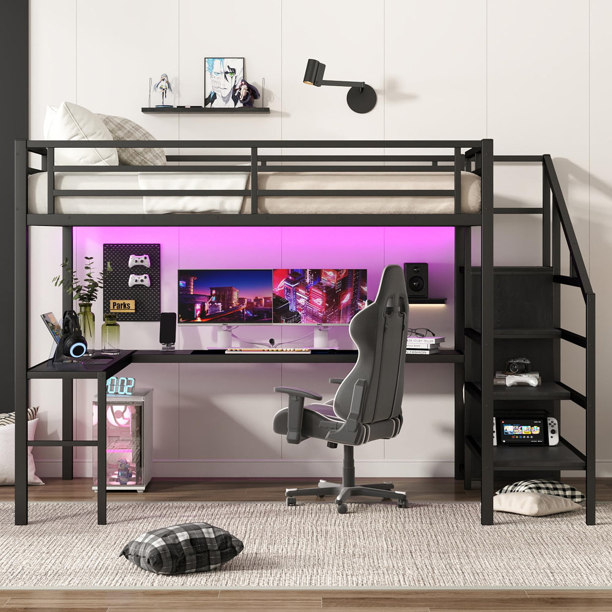 Queen Loft Bed with Desk and Stairs, Metal Loft Bed with Storage Shelves and Wardrobe, Heavy-Duty Loft Beds with LED Lights and USB Ports for Kids, Teens, Adults, Black Bellemave
