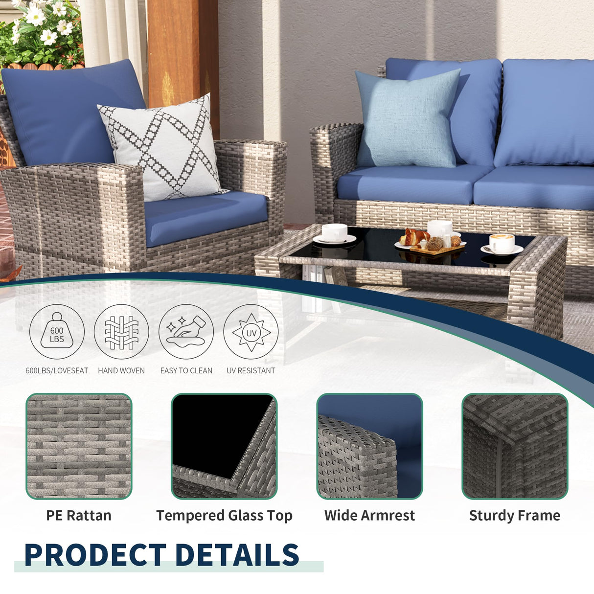 VONZOY Wicker Patio Furniture Set, 4 Piece Outdoor Sectional Sofa Sets, Gray PE Rattan Patio Conversation Set for Balcony, Porch, Navy VONZOY