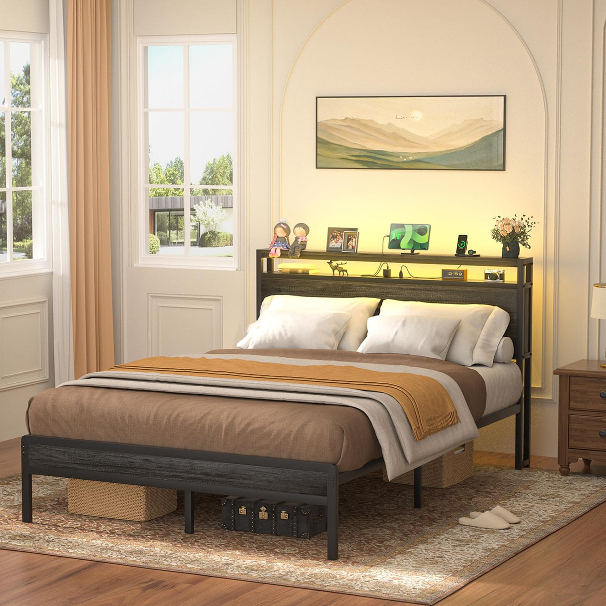 Homieasy Full Size Bed Frame with Headboard, Metal Full Bed Frames with Charging Station and Led Lights, Industrial Platform Bed Frame, No Box Spring Needed, Noise-Free, Black Oak Homieasy