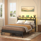 Homieasy Full Size Bed Frame with Headboard, Metal Full Bed Frames with Charging Station and Led Lights, Industrial Platform Bed Frame, No Box Spring Needed, Noise-Free, Black Oak Homieasy