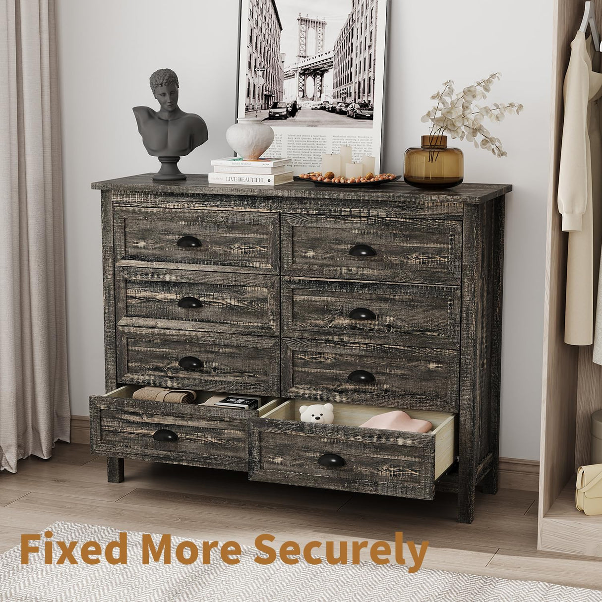 Rustic 8 Drawer Dresser for Bedroom, Modern Farmhouse Wood Dresser with Vintage Black Antique Handle, Double Dresser and Chest of Drawers for Hallway 8 Drawer Dresser, Rustic Brown Oak HOUROM