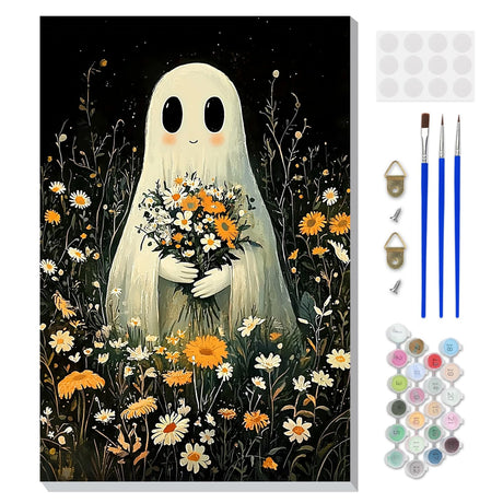 DOMROM Framed Paint by Numbers Kit for Adults Beginners with Wooden Easel, Halloween Ghost Paint by Number Kit on Canvas, DIY Oil Painting Kits for Home Wall Decor Gift 8x12in DOMROM