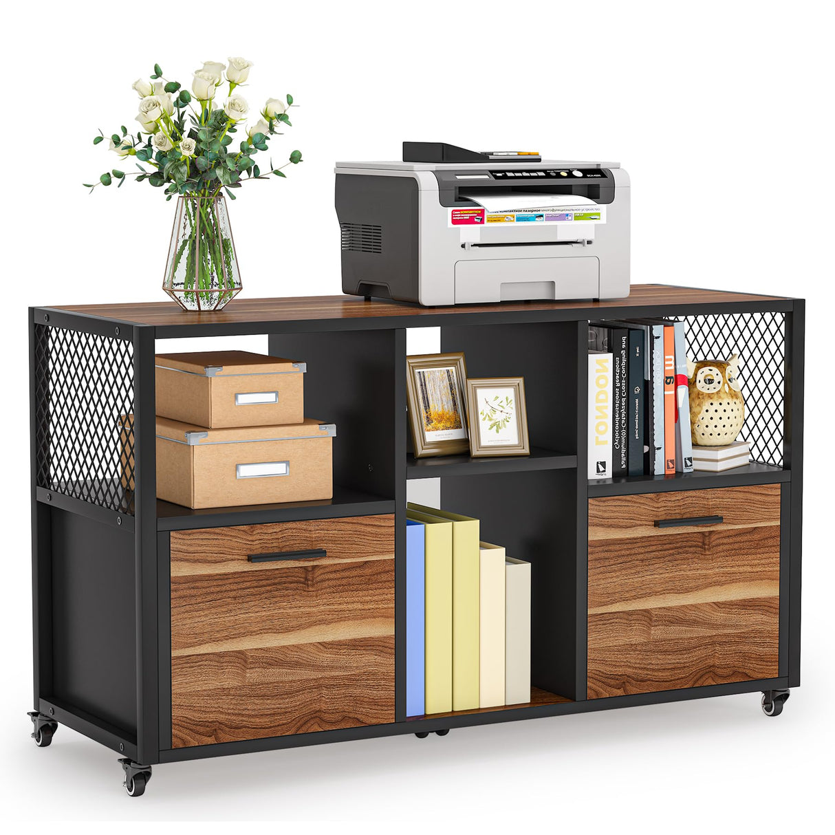 Tribesigns 2 Drawer Wood File Cabinets, Modern Mobile Lateral Filing Cabinet for Letter/ A4 Size, Printer Stand with Open Storage Shelves and Drawer for Home Office, Rustic Walnut Tribesigns