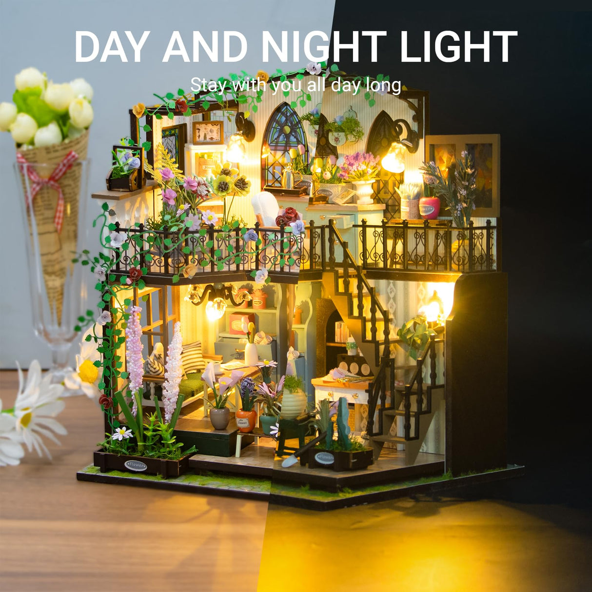 PANZIYU DIY Miniature House Kit, Fairy Dollhouse for Adults to Bulid,Tiny Home Making Kit with Wooden Furniture and LED, Halloween Decoration for Family and Friends (Darcy Flower House) PANZIYU