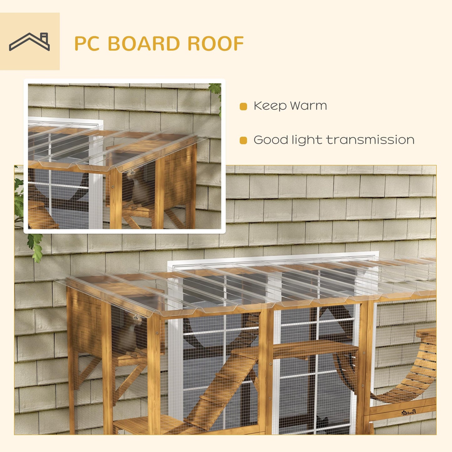 PawHut Catio Playground Cat Window Box Outside Enclosure, Outdoor Cat House with Weather Protection Roof for Multiple Kitties, Wooden Frame, Shelves & Bridges, 118" x 37.5" x 74", Yellow - WoodArtSupply