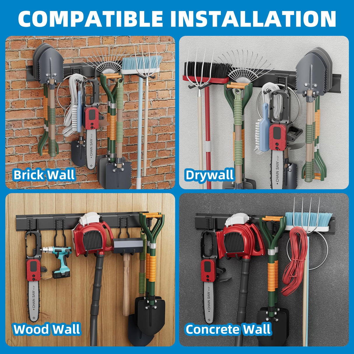 TICONN Garage Organization Tool Storage Utility Rack, Heavy Duty Wall Mounted Hanger Organizer System for Shed Garden Yard Tools, Ski Gears, Broom, Rake, Shovel (48" w/ 6 Hooks) TICONN