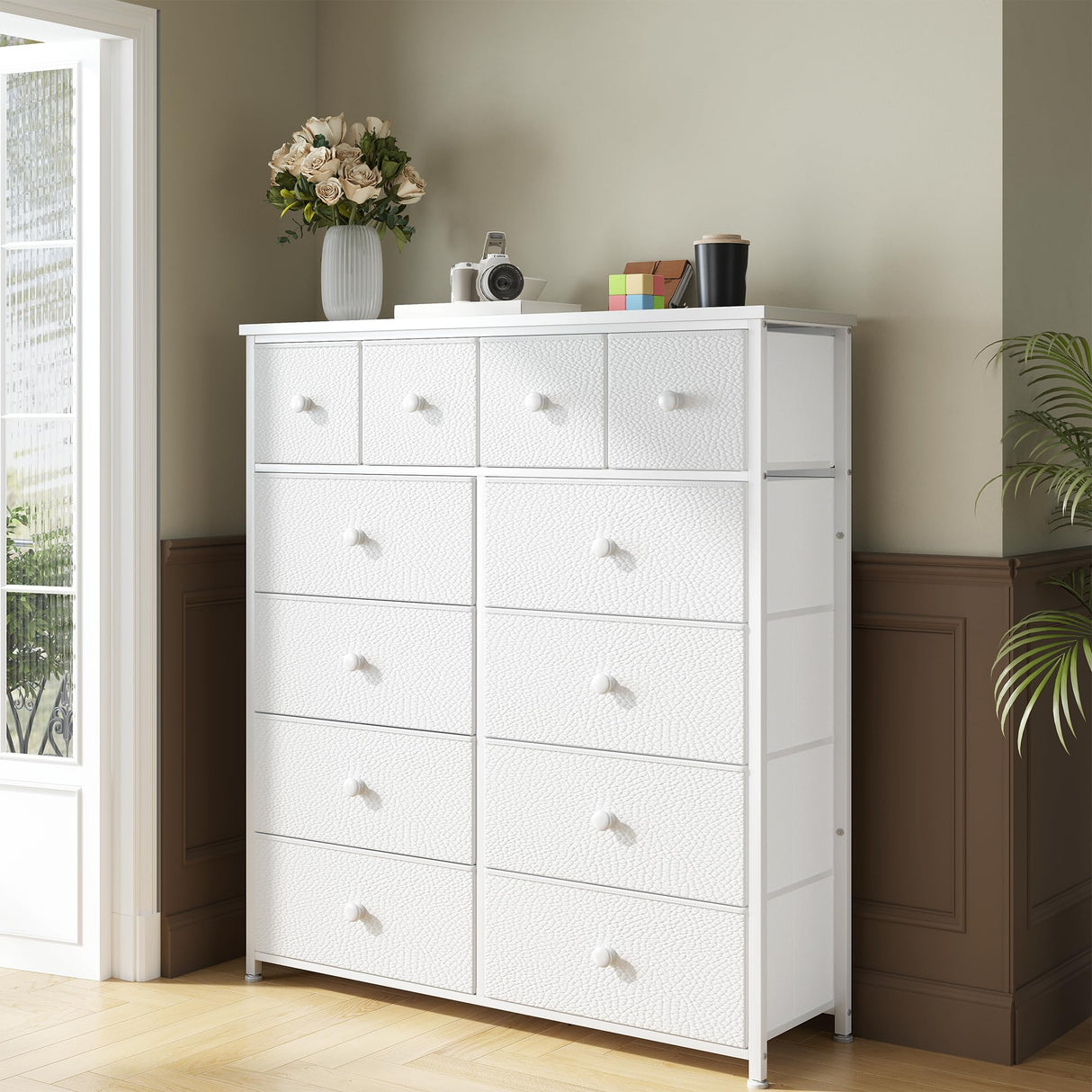 Bepatio Dresser for Bedroom with 12 Drawers Tall Dressers for Bedroom Fabric Dressers & Chest of Drawers with Sturdy Metal Frame, Wood Top, for Girls, Closet, 40.6" W x 11.8" D x 44.5" H (White) Bepatio