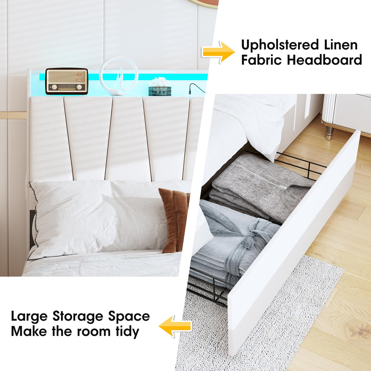 Fameill Queen Size Bed Frame with Storage Headboard and 3 Drawers,Upholstered Platform Bed with Charging Station,Queen Bed Frame with LED Lights,No Box Spring,Beige Fameill