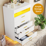 BTHFST White Dresser with LED Lights, Floating Tall Dresser with 5 Large Drawers & Open Storage Space & Pull Out Tray, Chest of Drawers, 5 Drawer Dresser Wood for Bedroom, Living Room BTHFST