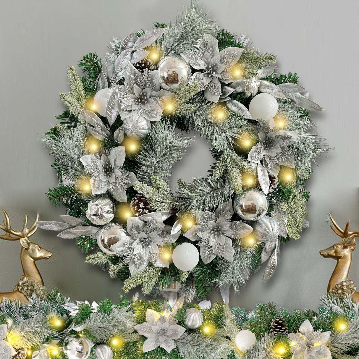 WANNA-CUL Pre-Lit 24 Inch Lighted Christmas Wreath for Front Door Decor with Silver White Christmas Ball Ornaments and Poinsettia Flowers,Battery Operated 30 LED Lights WANNA-CUL