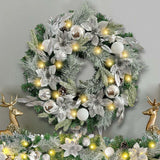WANNA-CUL Pre-Lit 24 Inch Lighted Christmas Wreath for Front Door Decor with Silver White Christmas Ball Ornaments and Poinsettia Flowers,Battery Operated 30 LED Lights WANNA-CUL